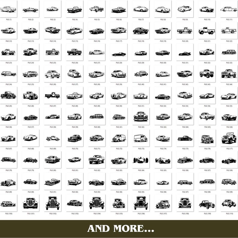 May include: A grid of black and white illustrations of classic cars, trucks, and vans. The vehicles are depicted in various styles, including sedans, convertibles, and pickup trucks. The phrase "AND MORE..." is at the bottom.