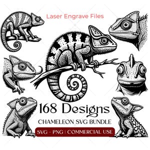 May include: A collection of black and white chameleon designs, suitable for digital art projects. The image includes the text "Laser Engrave Files", "168 Designs", and "Chameleon SVG Bundle". The bundle is for SVG, PNG, and commercial use.