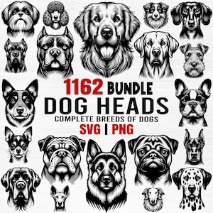 1160 Cabeças de Cachorro com pacote completo de raças, Arte Vetorial, Arquivos SVG de Raças de Cachorro, PNG e DXF para arquivos cortados a laser, Amante de cães ou animais de estimação - downloads