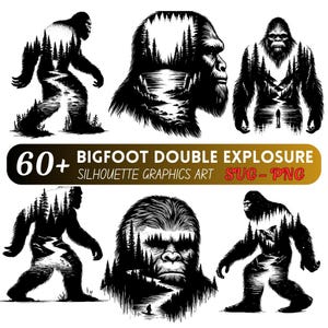 60+ Bigfoot Double Exposure SVG Clipart: Sasquatch Silhouette Cut Files (Digital Download)
