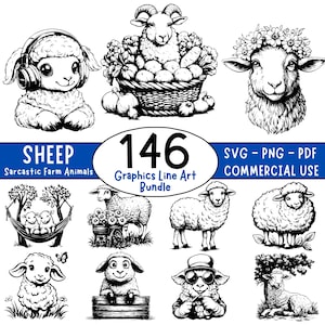 Sheep Line Art SVG Bundle: Farm Animal Cricut, Silhouette, PDF (Commercial Use, Digital Downloads)
