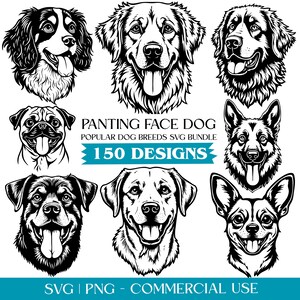 以下が含まれることがあります： 様々な犬種のイラストが描かれた、白黒のグラフィックバンドル。テキストには「PANTING FACE DOG、POPULAR DOG BREEDS SVG BUNDLE、150 DESIGNS、SVG | PNG - COMMERCIAL USE」と書かれています。