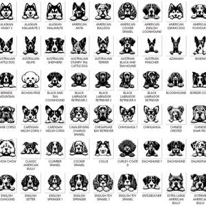 Pode incluir: Ilustra&ccedil;&otilde;es em preto e branco de v&aacute;rias ra&ccedil;as de c&atilde;es, incluindo o c&atilde;o afg&atilde;o, o bulldog americano, o pastor australiano, o beagle, o bloodhound, o border collie, o boxer, o bulldog, e muitos mais. Cada ra&ccedil;a &eacute; representada em um design simples e estilizado, com a cabe&ccedil;a do c&atilde;o voltada para a frente.