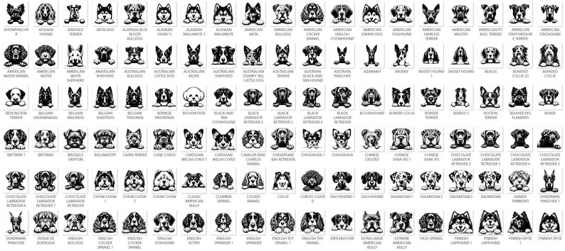Pode incluir: Ilustra&ccedil;&otilde;es em preto e branco de v&aacute;rias ra&ccedil;as de c&atilde;es, incluindo o c&atilde;o afg&atilde;o, o bulldog americano, o pastor australiano, o beagle, o bloodhound, o border collie, o boxer, o bulldog, e muitos mais. Cada ra&ccedil;a &eacute; representada em um design simples e estilizado, com a cabe&ccedil;a do c&atilde;o voltada para a frente.