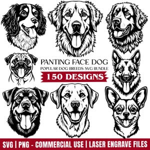 以下が含まれることがあります： 舌を出した様々な犬種の白黒イラストのコレクション。「PANTING FACE DOG、POPULAR DOG BREEDS SVG BUNDLE、150 DESIGNS」と書かれたテキスト。追加テキスト「SVG | PNG - COMMERCIAL USE | LASER ENGRAVE FILES」.