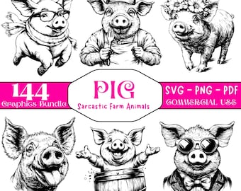 豚のSVG PNG PDFバンドル：農場の動物のクリカットカットファイル（商用利用）（デジタルダウンロード