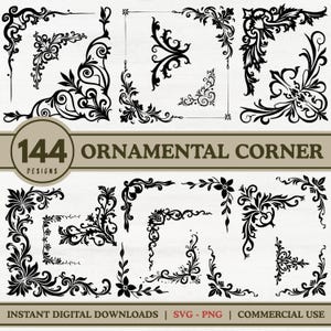 Może przedstawiać: Kolekcja 144 czarnych ozdobnych wzorów narożników, wyświetlanych na jasnym tle. Wzory przedstawiają skomplikowane wzory kwiatowe i zwoje. Tekst brzmi "Ornamental Corner" i "Instant Digital Downloads | SVG - PNG | Commercial Use."