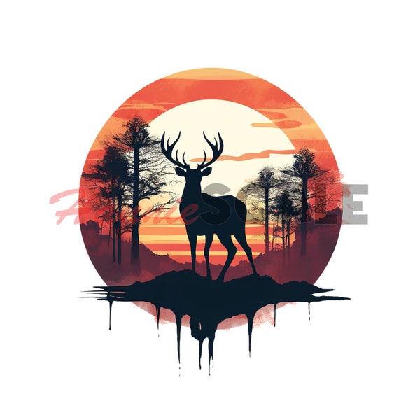 Deer PNG sublimation design - head silhouette mix with natures and tree with mountain sunset shirt, mugs and more instant digital downloads