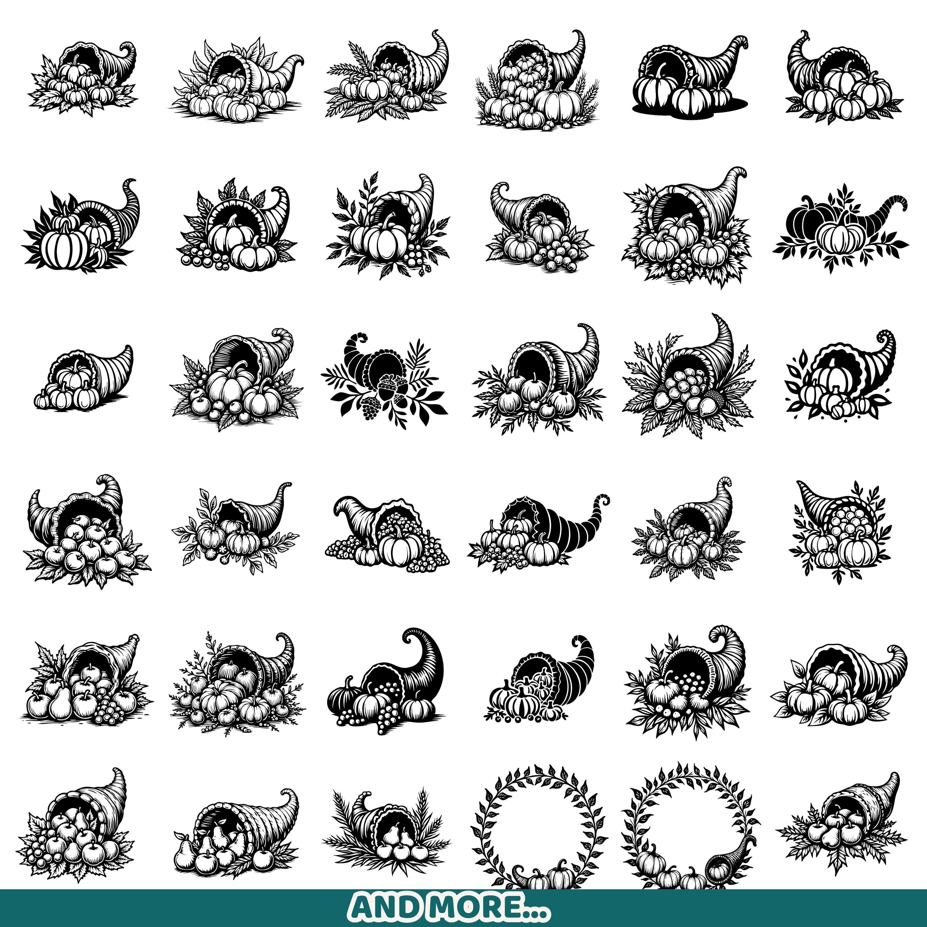 Cornucopia Silhouette Graphics Bundle, Laser Engraving (SVG, PNG, DXF ...