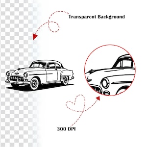 May include: Black and white line art illustration of a classic vintage car. The image includes a detailed view of the car's front and a transparent background. Text indicates "Transparent Background" and "300 DPI".