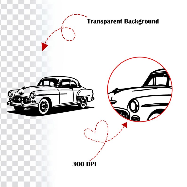 May include: Black and white line art illustration of a classic vintage car. The image includes a detailed view of the car's front and a transparent background. Text indicates "Transparent Background" and "300 DPI".