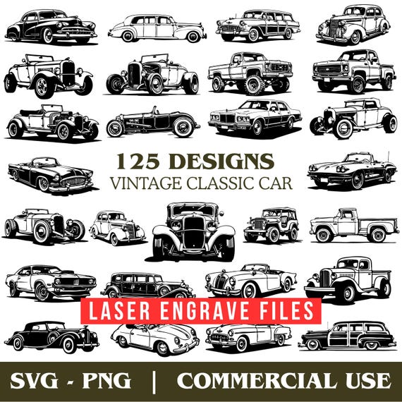 Vintage Classic Car Svg & Png Bundle for Laser Engraving - instant download files