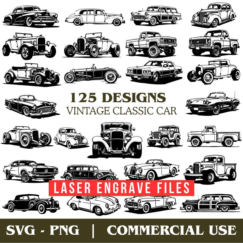 May include: A collection of 25 black and white vintage classic car designs. The image includes various car models, such as convertibles, sedans, and trucks. Text on the image reads "125 DESIGNS VINTAGE CLASSIC CAR" and "LASER ENGRAVE FILES".