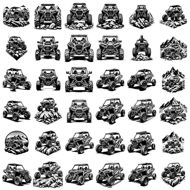 Peut inclure: Un ensemble de 24 illustrations en noir et blanc de v&eacute;hicules tout-terrain, &eacute;galement appel&eacute;s c&ocirc;te &agrave; c&ocirc;te ou UTV, dans diverses poses et configurations. Certaines illustrations pr&eacute;sentent les v&eacute;hicules en train de rouler sur un terrain rocailleux, tandis que d'autres les montrent en train de monter des collines ou de traverser des montagnes.