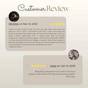 May include: A customer review graphic with the words "Customer Review" in a decorative font. The review includes a 5-star rating from Michael on Nov 14, 2024, and another from Katie on Jan 19, 2025. The reviews are in a light beige color.