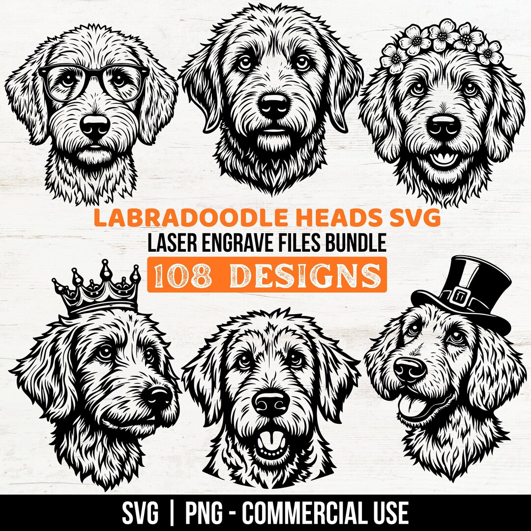 Labradoodle Dog Heads Svg & Png Bundle Laser Engrave Files for Wood ...