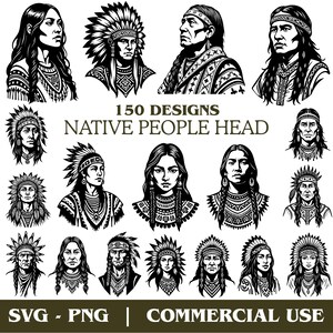 Può includere: Una collezione di 150 disegni di teste di nativi americani in bianco e nero. Le immagini includono ritratti di uomini e donne con copricapi tradizionali, trecce e abiti dettagliati. Il testo recita "150 Designs Native People Head" e "SVG - PNG | COMMERCIAL USE."