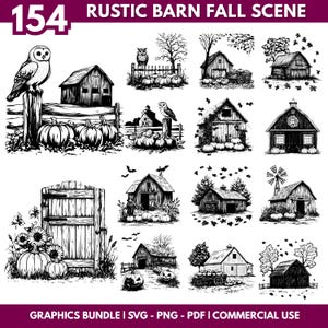 Rustic Barn Fall Scene SVG Bundle, farmhouse autumn cut files for Cricut and Silhouette, instant download with commercial use in PNG and PDF
