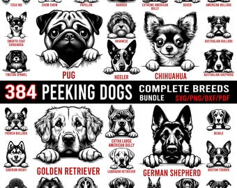 Paquete de imágenes SVG de razas de perros asomándose: 384 cabezas de perros (descarga digital)