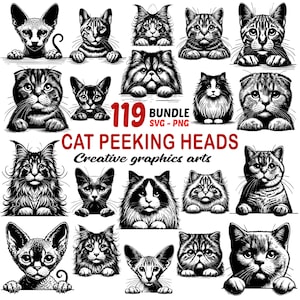 Cat Breed Peeking Heads: 119 SVG & PNG Vector Art (Digital Download)