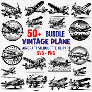 Könnte beinhalten: Eine Sammlung von über 50 Vintage-Flugzeugsilhouetten in Schwarzweiß. Die Flugzeuge sind in verschiedenen Stilen und Posen, darunter einige mit Wolken und Sternen. Der Text "50+ Bundle Vintage Plane Aircraft Silhouette Clipart SVG - PNG" befindet sich am unteren Rand des Bildes.