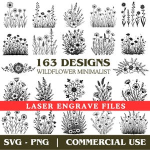 以下が含まれることがあります： 白黒のワイルドフラワーのミニマリストデザイン。画像には、ブーケや個々の花など、さまざまな花の配置の163のデザインが示されています。「163 DESIGNS WILDFLOWER MINIMALIST」と「LASER ENGRAVE FILES」というテキストが含まれています。「SVG - PNG | COMMERCIAL USE」も含まれています。