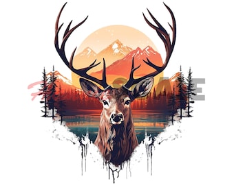 May include: A stylised illustration of a deer with large antlers standing in front of a mountain range with a sunset behind it. The deer is looking directly at the viewer. The image is in a grunge style with paint splatters around the edges.