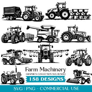 Könnte beinhalten: Schwarz-Weiß-Illustrationen verschiedener Landmaschinen, darunter Traktoren, Mähdrescher und Anhänger. Das Bild enthält den Text "Farm Machinery" und "158 Designs" in einem Grafiksammlungs-Bundle.