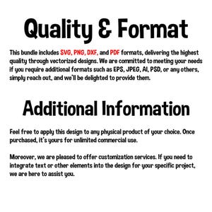 Pode incluir: Texto que l&ecirc; "Qualidade e Formato" e "Informa&ccedil;&otilde;es Adicionais". O texto descreve os diferentes formatos de arquivo inclu&iacute;dos em um pacote de design digital, como SVG, PNG, DXF e PDF. Tamb&eacute;m menciona que o comprador pode solicitar formatos adicionais, como EPS, JPEG, AI e PSD. O texto tamb&eacute;m indica que o design pode ser usado para uso comercial ilimitado e que servi&ccedil;os de personaliza&ccedil;&atilde;o est&atilde;o dispon&iacute;veis.