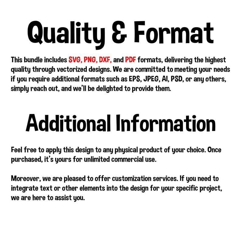 Pode incluir: Texto que l&ecirc; "Qualidade e Formato" e "Informa&ccedil;&otilde;es Adicionais". O texto descreve os diferentes formatos de arquivo inclu&iacute;dos em um pacote de design digital, como SVG, PNG, DXF e PDF. Tamb&eacute;m menciona que o comprador pode solicitar formatos adicionais, como EPS, JPEG, AI e PSD. O texto tamb&eacute;m indica que o design pode ser usado para uso comercial ilimitado e que servi&ccedil;os de personaliza&ccedil;&atilde;o est&atilde;o dispon&iacute;veis.