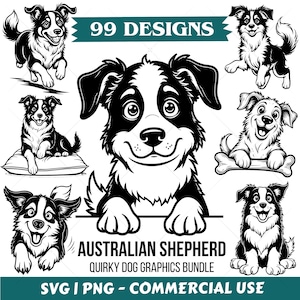 Könnte beinhalten: Eine Sammlung von schwarz-weißen Illustrationen mit Australian Shepherd Hunden in verschiedenen Posen, darunter rennend, sitzend und auf einem Kissen ruhend. Der Text 99 DESIGNS, AUSTRALIAN SHEPHERD QUIRKY DOG GRAPHICS BUNDLE und SVG | PNG - COMMERCIAL USE ist enthalten.