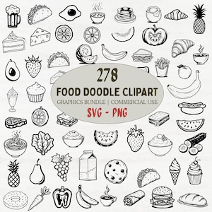 Op de afbeelding: Zwarte en witte food doodle clipart bundel met 278 handgetekende illustraties van verschillende voedingsmiddelen, waaronder fruit, groenten, desserts en dranken. De bundel bevat SVG- en PNG-bestanden voor commercieel gebruik.