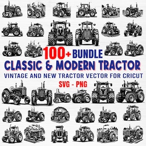 May include: A digital download of 100+ vintage and modern tractor vector illustrations. The illustrations are in black and white and are perfect for use in Cricut projects. The text "100+ Bundle Classic & Modern Tractor" is displayed in the center of the image. The text "Vintage and New Tractor Vector for Cricut SVG - PNG" is displayed below the main text.