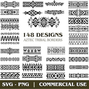 Może przedstawiać: Kolekcja 148 wzorów azteckich obramowań plemiennych w czerni i bieli. Obraz zawiera różne geometryczne wzory i elementy dekoracyjne, odpowiednie do projektów projektowania cyfrowego. Dostępne w formatach SVG i PNG.