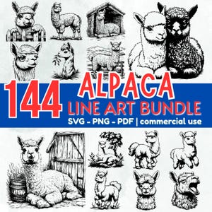 Puede incluir: Un conjunto de 144 ilustraciones de arte lineal de alpacas en blanco y negro. Las imágenes muestran varias poses y entornos de alpacas, con el texto "144 ALPACA LINE ART BUNDLE" en rojo y blanco sobre un fondo azul. Formatos SVG, PNG y PDF.