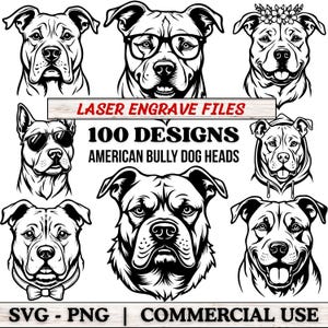 May include: A collection of black and white American Bully dog head designs. The image includes various illustrations of the dog breed, some wearing accessories like glasses, sunglasses, and a flower crown. Text reads "LASER ENGRAVE FILES" and "100 DESIGNS".