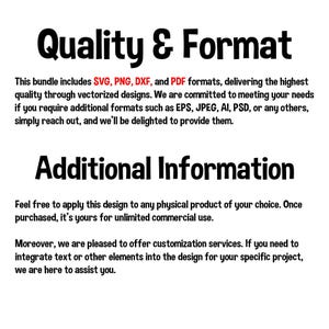 Peut inclure: Texte qui lit "Qualit&eacute; et Format" et "Informations suppl&eacute;mentaires". Le texte explique que ce pack comprend les formats SVG, PNG, DXF et PDF, et que l'acheteur peut demander des formats suppl&eacute;mentaires tels que EPS, JPEG, AI, PSD ou tout autre. Le texte explique &eacute;galement que le design peut &ecirc;tre utilis&eacute; &agrave; des fins commerciales illimit&eacute;es et que des services de personnalisation sont disponibles.