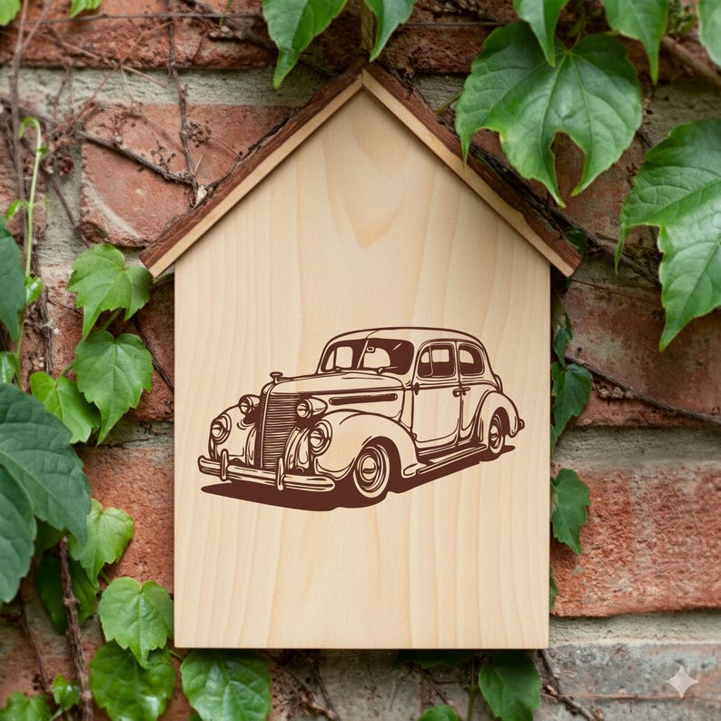 May include: Wooden house-shaped sign with a brown vintage car illustration. The sign is made of light-colored wood with a brown roof trim. The background is a brick wall with green leaves.