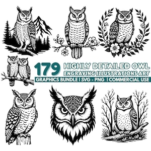 Op de afbeelding: Een verzameling zwart-wit illustraties van uilen in verschillende poses. Sommige uilen zitten op takken, andere zijn omgeven door bladeren. De afbeelding bevat de tekst "179 HIGHLY DETAILED OWL ENGRAVING ILLUSTRATIONS ART GRAPHICS BUNDLE I SVG - PNG I COMMERCIAL USE."