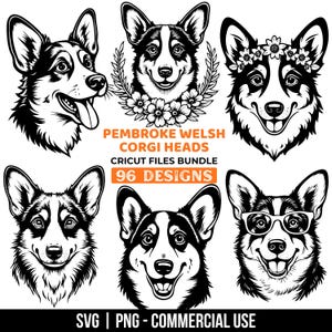 Könnte beinhalten: Sechs schwarz-weiße Illustrationen von Pembroke Welsh Corgi-Köpfen. Die Designs umfassen lächelnde Corgis, einen mit Blumenkranz und einen mit Brille. Der Text lautet "Pembroke Welsh Corgi Heads Cricut Files Bundle 96 Designs".