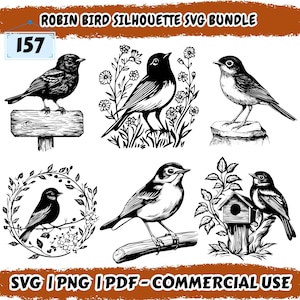 May include: A collection of black and white robin bird silhouette designs. The designs include birds perched on a sign, in a floral arrangement, and on a branch. The text "ROBIN BIRD SILHOUETTE SVG BUNDLE" is at the top.