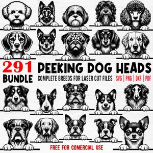Laser cut files 291 Peeking dog heads complete breeds for laser cut files bundle - wood engraving dogs pet lover CNC files digital downloads