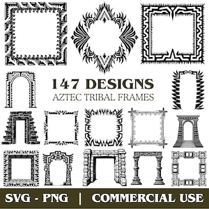 Op de afbeelding: Zwart-wit Aztec tribal frame ontwerpen in verschillende vormen, waaronder vierkanten, bogen en ruitvormen. De afbeelding bevat de tekst "147 DESIGNS AZTEC TRIBAL FRAMES" en "SVG - PNG | COMMERCIAL USE."