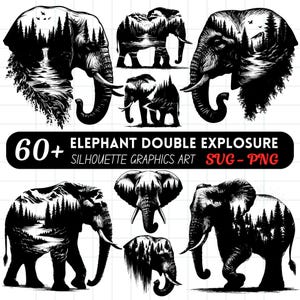 Może przedstawiać: Zestaw ponad 60 czarno-białych grafik sylwetkowych słoni z leśną sceną wewnątrz każdego słonia. Grafiki są dostępne w formatach SVG i PNG. Tekst "Elephant Double Exposure Silhouette Graphics Art SVG-PNG" znajduje się w górnej części obrazu.