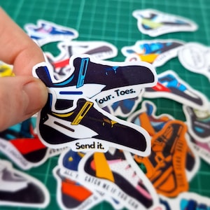 Climbing Stickers: Climbing Shoe, Gifts for Climbers; Customised Text. Handmade and customisable. Hydro Flask and Laptop Stickers