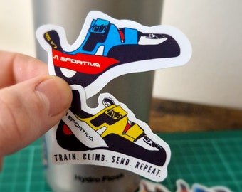 Climbing Stickers: Climbing Shoe, Gifts for Climbers; Customised Text. Handmade and customisable. Hydro Flask and Laptop Stickers