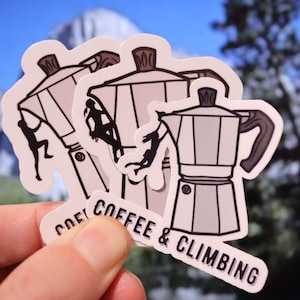 Stickers d'escalade : café et escalade. Cadeaux pour les grimpeurs et les assureurs ; Fait main et personnalisable. Stickers Hydroflask et ordinateur portable