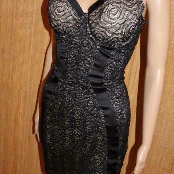M&S black liquid saatin end lace, underwire bra shape slip, wiggle size UK 38C