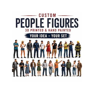 May include: A collection of small 3D printed and hand painted people figures in various outfits and poses. The text CUSTOM PEOPLE FIGURES 3D PRINTED & HAND PAINTED YOUR IDEA - YOUR SET is displayed in blue and red above the diverse group of miniature models.