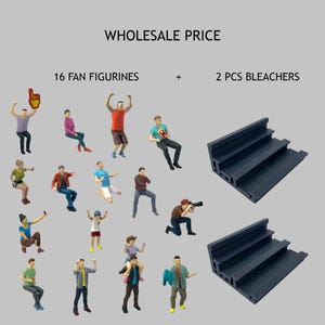1-43 Scale Fan Figures Set – 16 Mini Spectators Supporters + 2 Grandstands bleachers